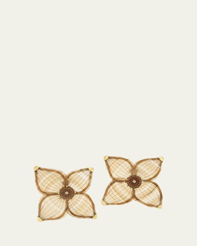 18K Yellow Gold Horse Mane Flower Earrings with Cognac Diamonds
